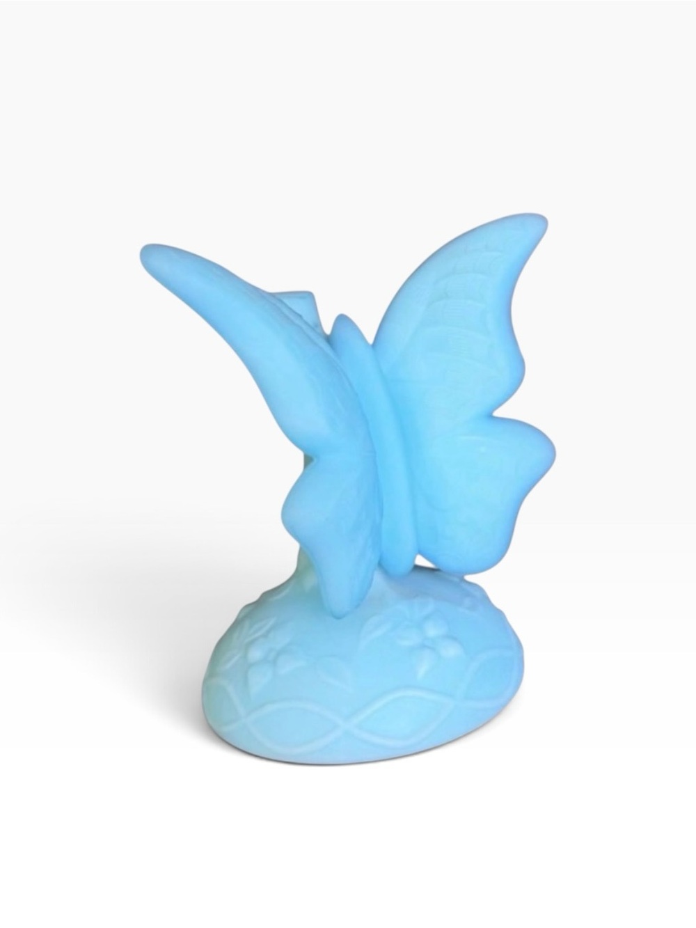 Vintage Fenton Blue Satin Art Glass Butterfly on Branch Ring Holder